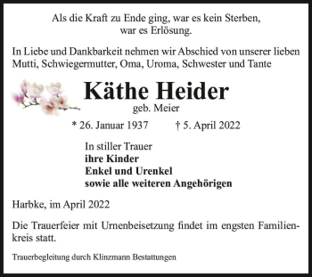 Traueranzeige von Käthe Heider (geb. Meier)  von Magdeburger Volksstimme