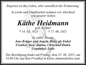 Traueranzeige von Käthe Heidmann (geb. Richter)  von Magdeburger Volksstimme