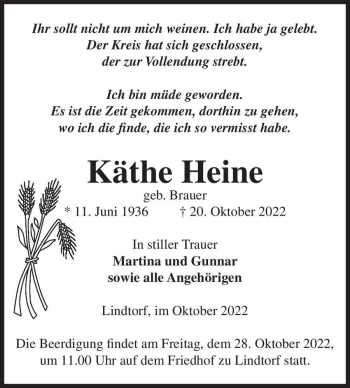 Traueranzeige von Käthe Heine (geb. Brauer)  von Magdeburger Volksstimme