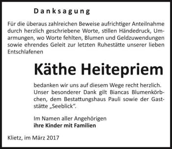 Traueranzeige von Käthe Heitepriem  von Magdeburger Volksstimme