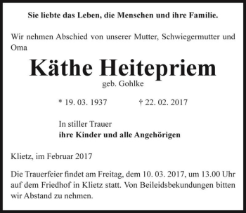 Traueranzeige von Käthe Heitepriem (geb. Gohlke)  von Magdeburger Volksstimme