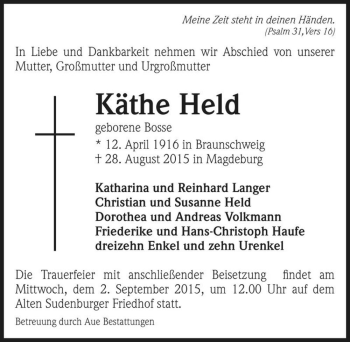 Traueranzeige von Käthe Held (geb. Bosse)  von Magdeburger Volksstimme