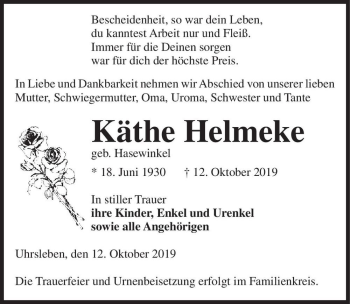 Traueranzeige von Käthe Helmeke (geb. Hasewinkel)  von Magdeburger Volksstimme