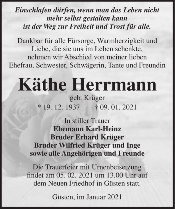 Traueranzeige von Käthe Herrmann (geb. Krüger)  von Magdeburger Volksstimme