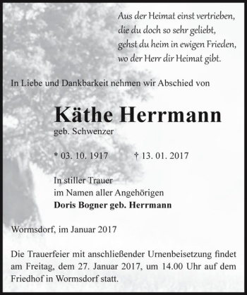 Traueranzeige von Käthe Herrmann (geb. Schwenzer)  von Magdeburger Volksstimme