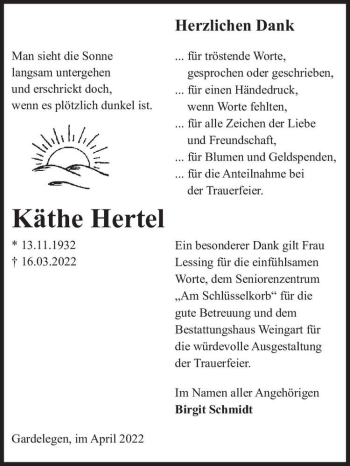 Traueranzeige von Käthe Hertel  von Magdeburger Volksstimme