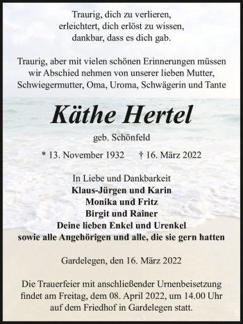 Traueranzeige von Käthe Hertel (geb. Schönfeld)  von Magdeburger Volksstimme