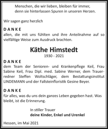 Traueranzeige von Käthe Himstedt  von Magdeburger Volksstimme