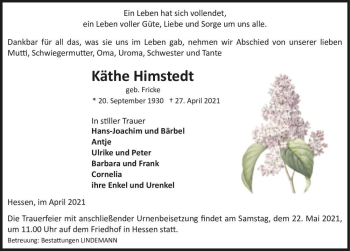 Traueranzeige von Käthe Himstedt (geb. Fricke)  von Magdeburger Volksstimme
