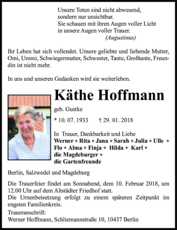 Traueranzeige von Käthe Hoffmann (geb. Gustke)  von Magdeburger Volksstimme