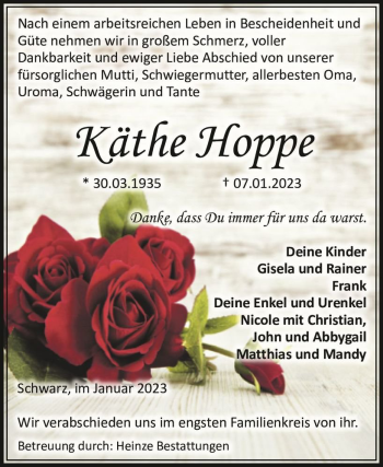 Traueranzeige von Käthe Hoppe  von Magdeburger Volksstimme