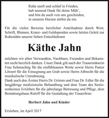 Traueranzeige von Käthe Jahn  von Magdeburger Volksstimme