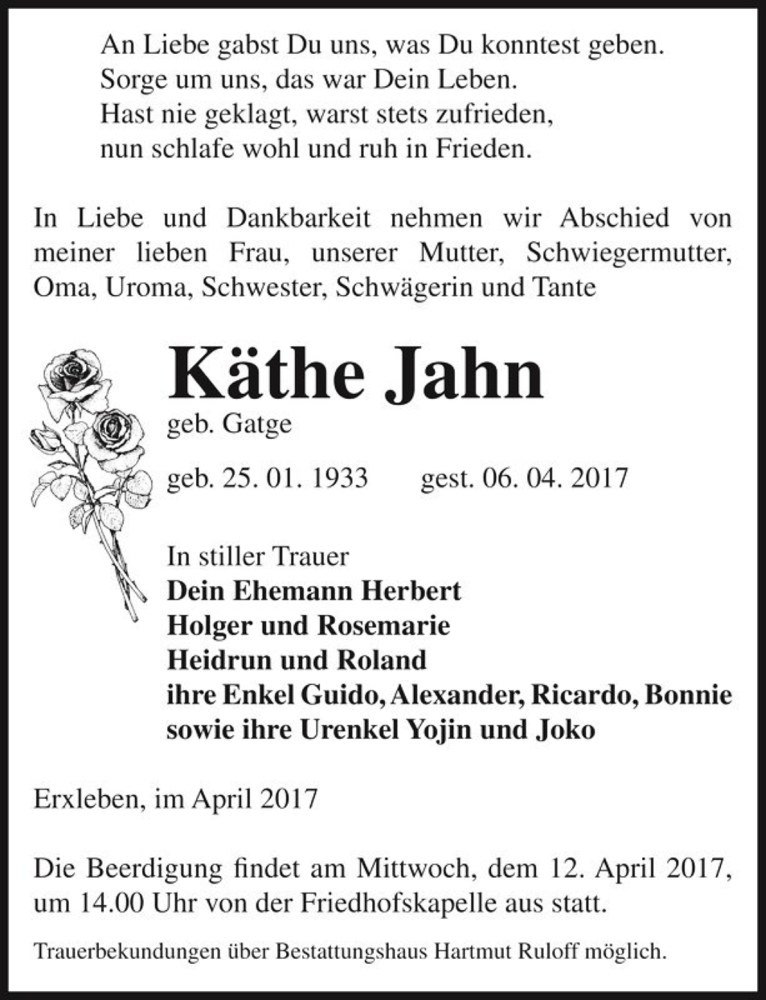  Traueranzeige für Käthe Jahn (geb. Gatge)  vom 08.04.2017 aus Magdeburger Volksstimme