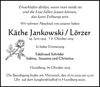 Traueranzeige von Käthe Jankowski / Lörzer  von Magdeburger Volksstimme