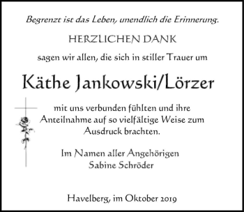 Traueranzeige von Käthe Jankowski/Lörzer  von Magdeburger Volksstimme
