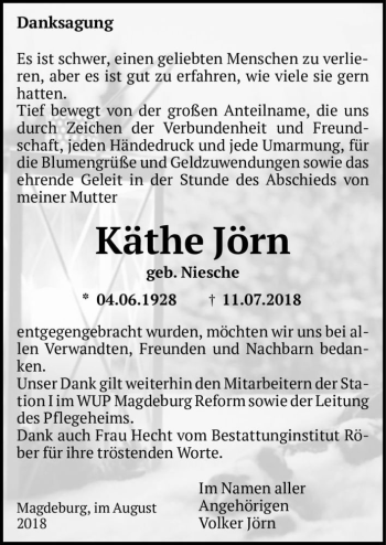 Traueranzeige von Käthe Jörn (geb. Niesche)  von Magdeburger Volksstimme