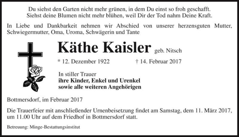  Traueranzeige für Käthe Kaisler (geb. Nitsch)  vom 25.02.2017 aus Magdeburger Volksstimme