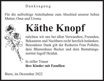 Traueranzeige von Käthe Knopf  von Magdeburger Volksstimme