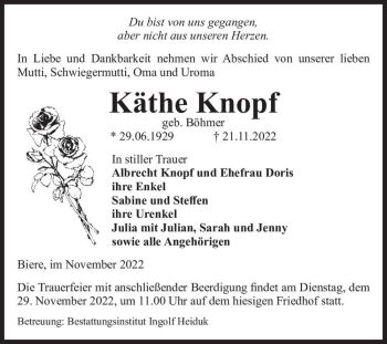 Traueranzeige von Käthe Knopf (geb. Böhmer)  von Magdeburger Volksstimme