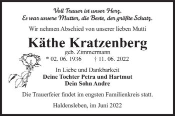 Traueranzeige von Käthe Kratzenberg (geb. Zimmermann)  von Magdeburger Volksstimme