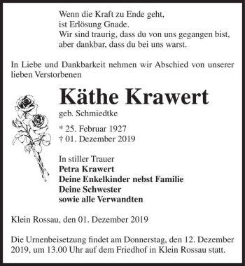 Traueranzeige von Käthe Krawerth (geb. Schmiedtke)  von Magdeburger Volksstimme
