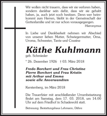 Traueranzeige von Käthe Kuhlmann (geb. Schmieder)  von Magdeburger Volksstimme