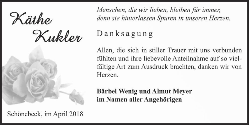  Traueranzeige für Käthe Kukler  vom 14.04.2018 aus Magdeburger Volksstimme
