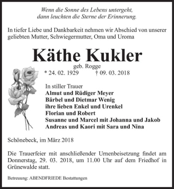 Traueranzeige von Käthe Kukler (geb. Rogge)  von Magdeburger Volksstimme