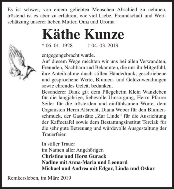Traueranzeige von Käthe Kunze  von Magdeburger Volksstimme