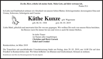 Traueranzeige von Käthe Kunze (geb. Wagemann)  von Magdeburger Volksstimme