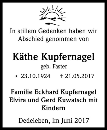 Traueranzeige von Käthe Kupfernagel (geb. Faster)  von Magdeburger Volksstimme