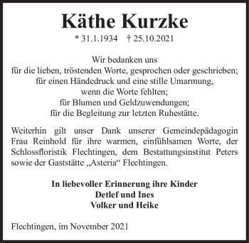 Traueranzeige von Käthe Kurzke  von Magdeburger Volksstimme