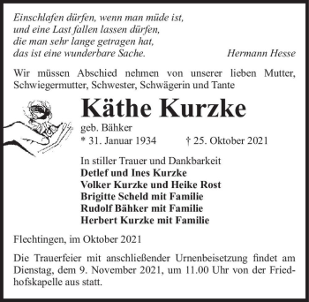 Traueranzeige von Käthe Kurzke (geb. Bähker)  von Magdeburger Volksstimme