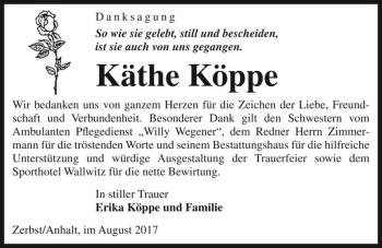 Traueranzeige von Käthe Köppe  von Magdeburger Volksstimme