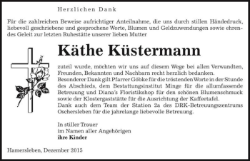 Traueranzeige von Käthe Küstermann  von Magdeburger Volksstimme