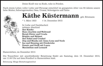 Traueranzeige von Käthe Küstermann (geb. Ritzmann)  von Magdeburger Volksstimme