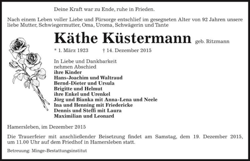  Traueranzeige für Käthe Küstermann (geb. Ritzmann)  vom 17.12.2015 aus Magdeburger Volksstimme