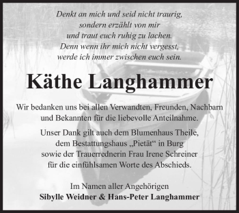 Traueranzeige von Käthe Langhammer  von Magdeburger Volksstimme
