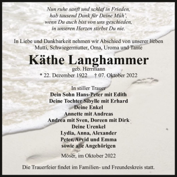 Traueranzeige von Käthe Langhammer (geb. Herrmann)  von Magdeburger Volksstimme