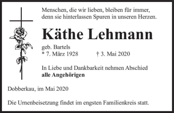 Traueranzeige von Käthe Lehmann (geb. Bartels)  von Magdeburger Volksstimme