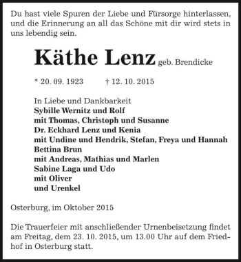 Traueranzeige von Käthe Lenz (geb. Brendicke)  von Magdeburger Volksstimme