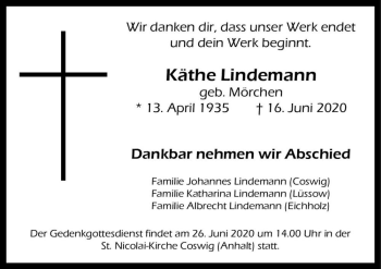 Traueranzeige von Käthe Lindemann (geb. Mörchen)  von Magdeburger Volksstimme