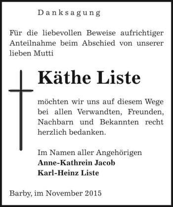 Traueranzeige von Käthe Liste  von Magdeburger Volksstimme