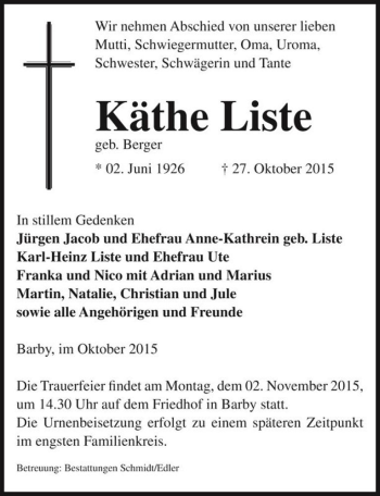 Traueranzeige von Käthe Liste (geb. Berger)  von Magdeburger Volksstimme