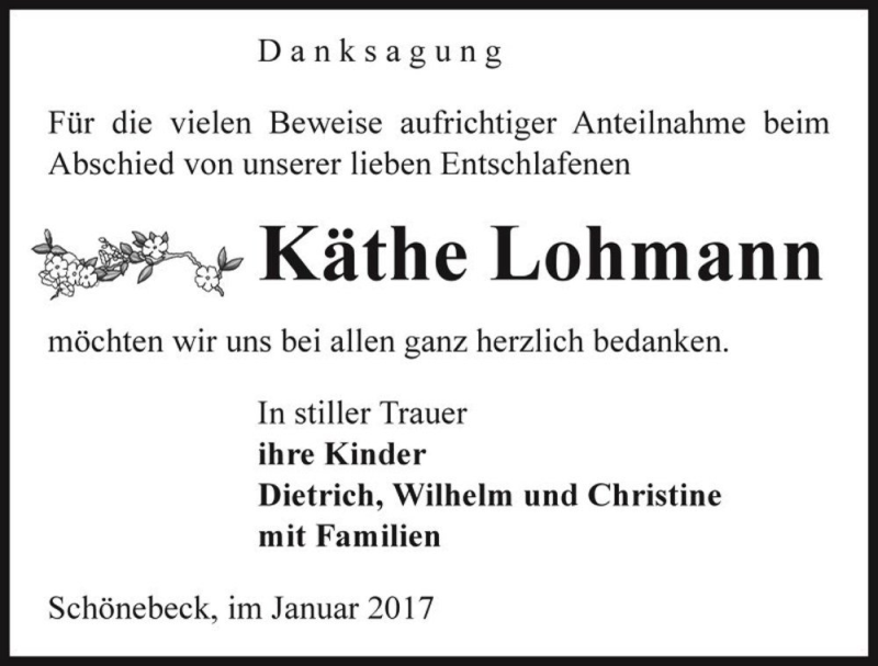  Traueranzeige für Käthe Lohmann  vom 14.01.2017 aus Magdeburger Volksstimme