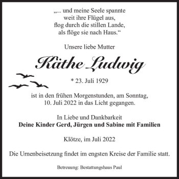 Traueranzeige von Käthe Ludwig  von Magdeburger Volksstimme