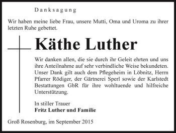 Traueranzeige von Käthe Luther  von Magdeburger Volksstimme