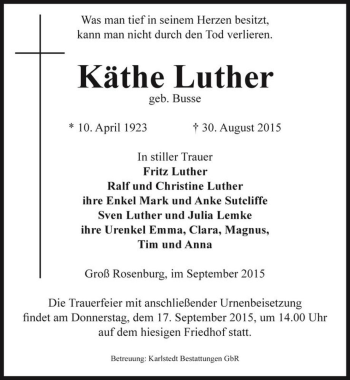 Traueranzeige von Käthe Luther (geb. Busse)  von Magdeburger Volksstimme