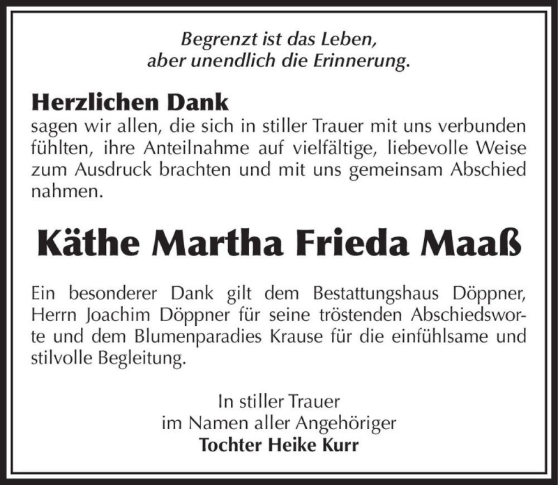  Traueranzeige für Käthe Martha Frieda Maaß  vom 11.12.2021 aus Magdeburger Volksstimme