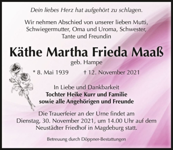 Traueranzeige von Käthe Martha Frieda Maaß (geb. Hampe)  von Magdeburger Volksstimme